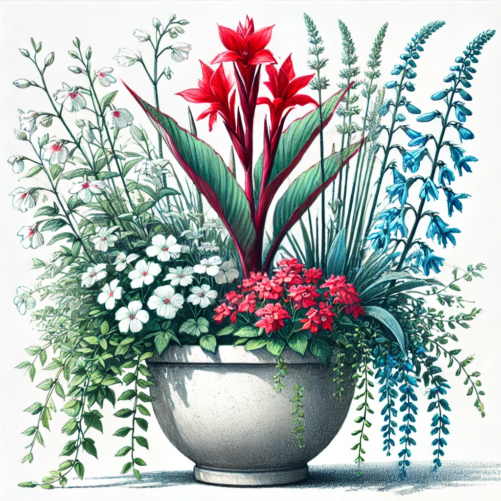 Thriller (Height/Focal Point): Canna Lily (Red)
Filler (Mid-Level Fullness): White Bacopa
Spiller (Trailing Element): Blue Scaevola