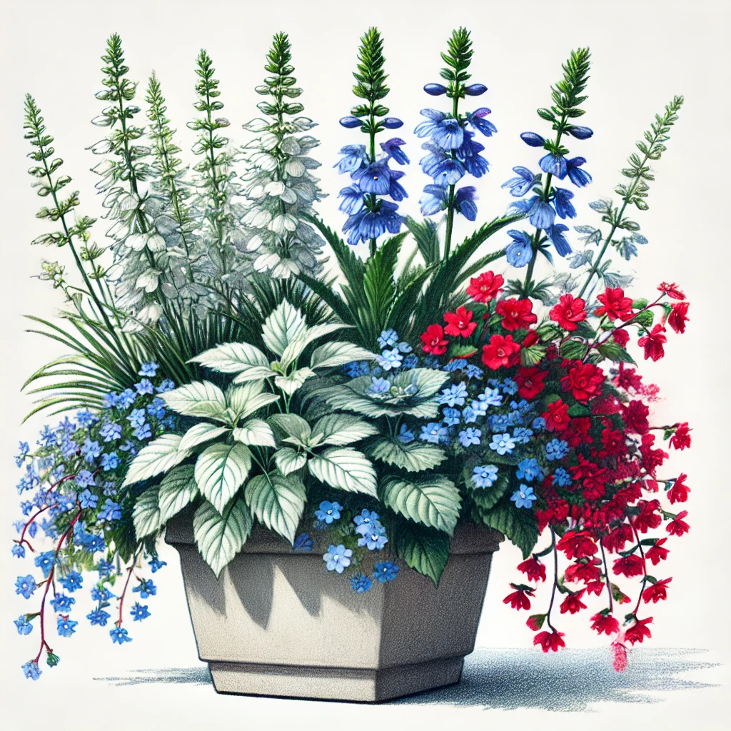 Thriller (Height/Focal Point): Angelonia (White)
Filler (Mid-Level Fullness): Blue Lobelia
Spiller (Trailing Element): Red Begonia