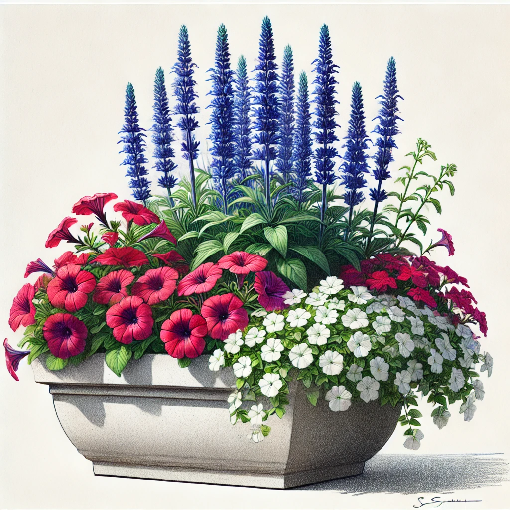 Thriller (Height/Focal Point): Salvia (Blue)
Filler (Mid-Level Fullness): Red Petunia
Spiller (Trailing Element): White Vinca
