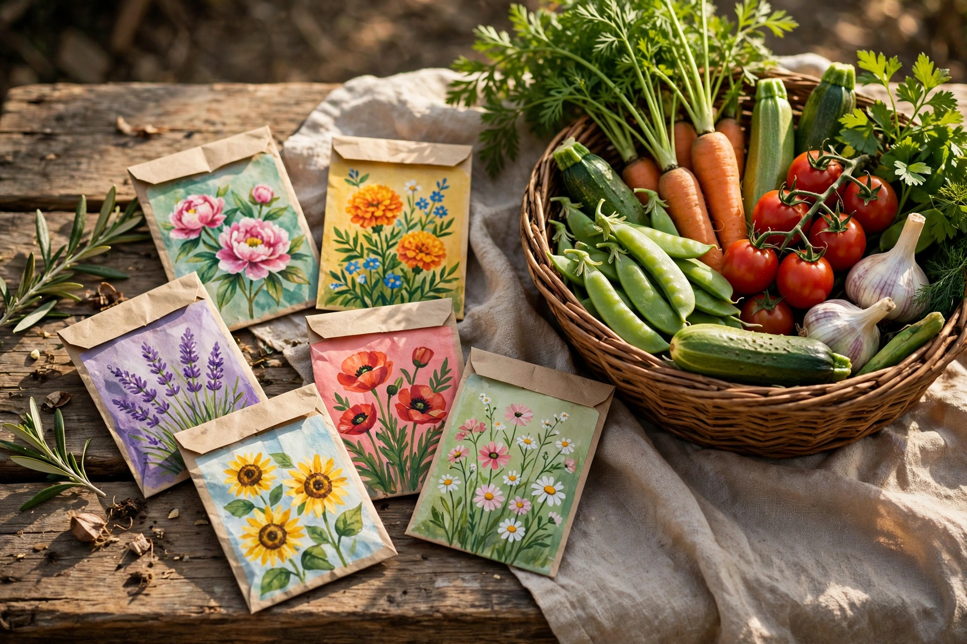 Painted seed packets beside a basket of fresh garden vegetables